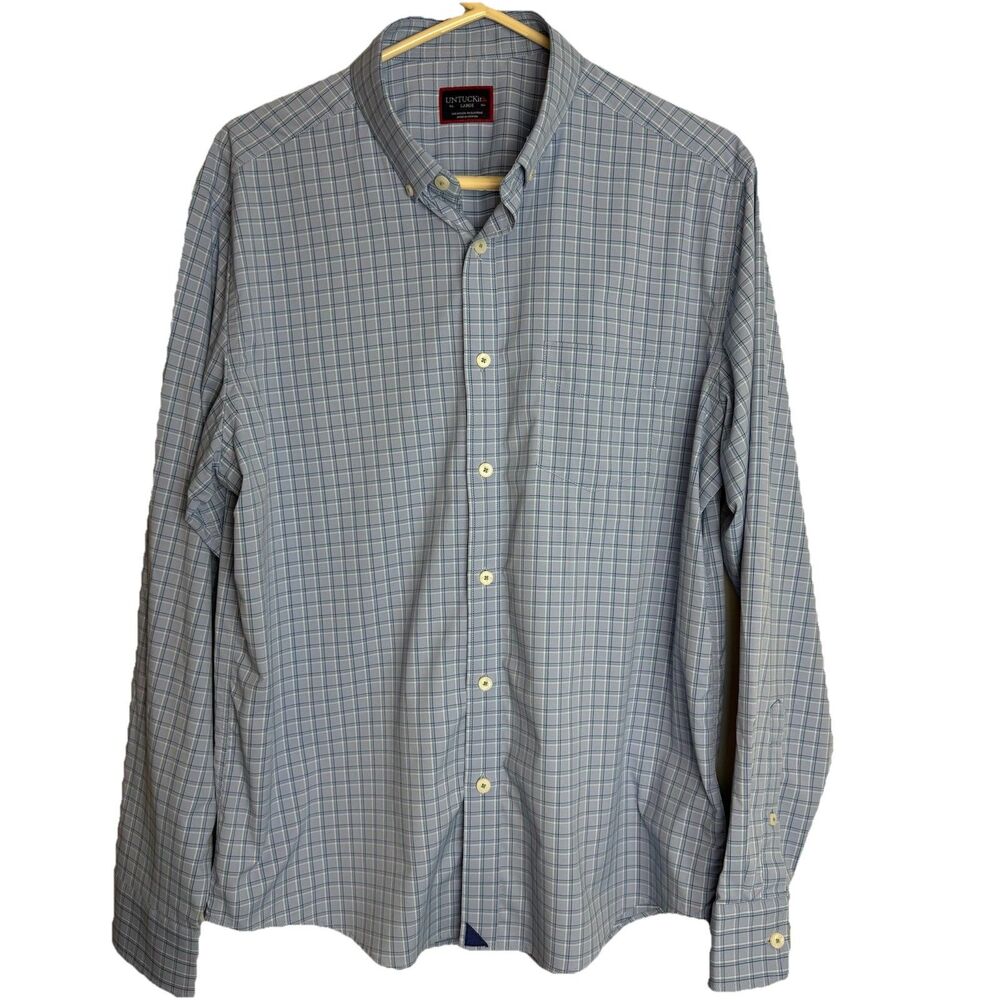 UNTUCKit Men's Long Sleeve Light Blue Plaid Stretch Button Down Shirt Size Large